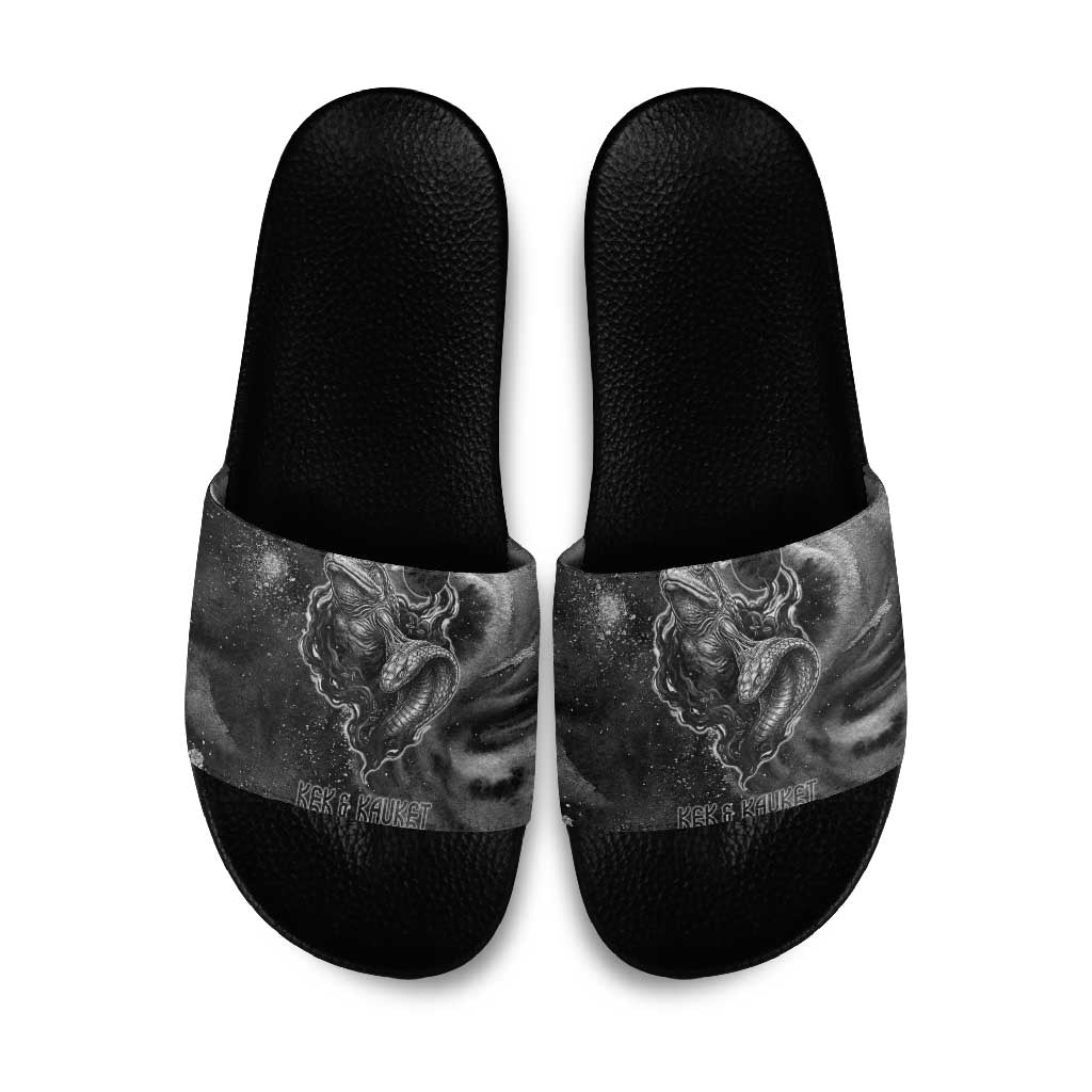 Kek and Kauket Egyptian Slide Sandals Primordial Darkness Design Cosmic Frogs and Serpents
