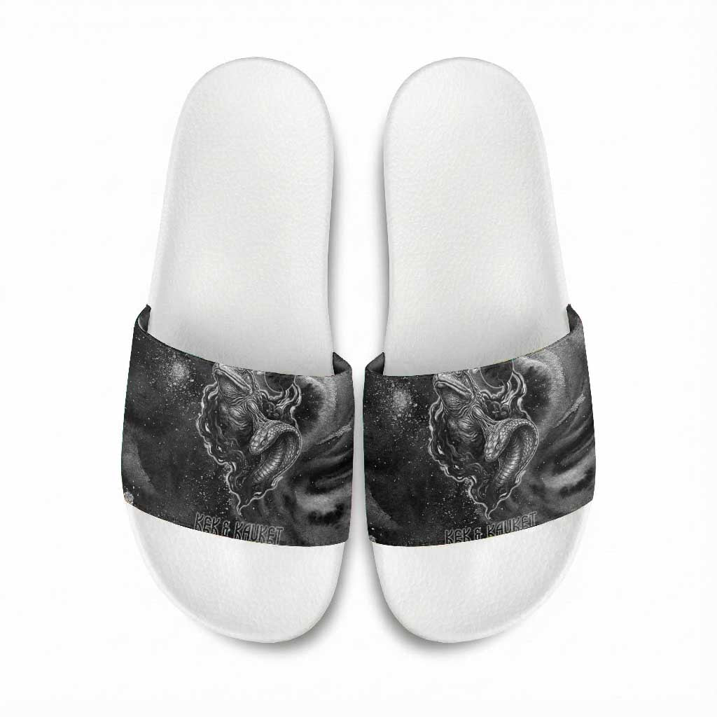 Kek and Kauket Egyptian Slide Sandals Primordial Darkness Design Cosmic Frogs and Serpents