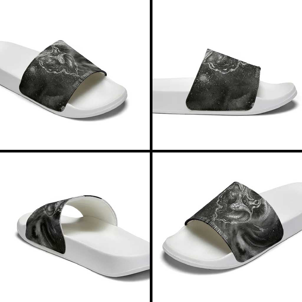 Kek and Kauket Egyptian Slide Sandals Primordial Darkness Design Cosmic Frogs and Serpents