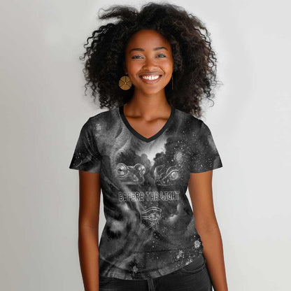 Kek and Kauket Egyptian Women V-Neck T-Shirt Primordial Darkness Design Cosmic Frogs and Serpents