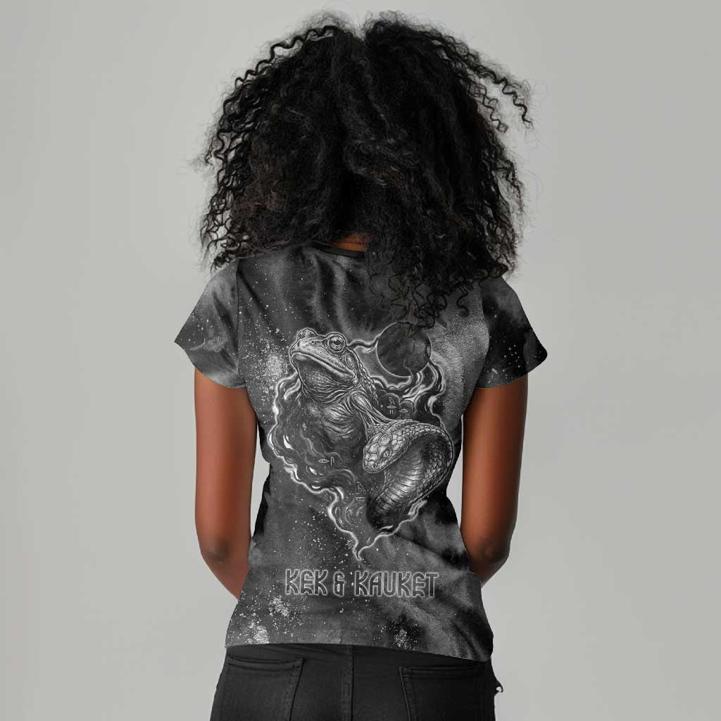 Kek and Kauket Egyptian Women V-Neck T-Shirt Primordial Darkness Design Cosmic Frogs and Serpents