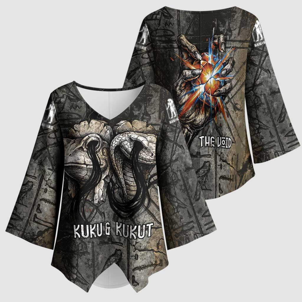 Egypt Kek and Kauket Kimono Sleeve Blouse Ancient Void Theme with Frog and Serpent Duality