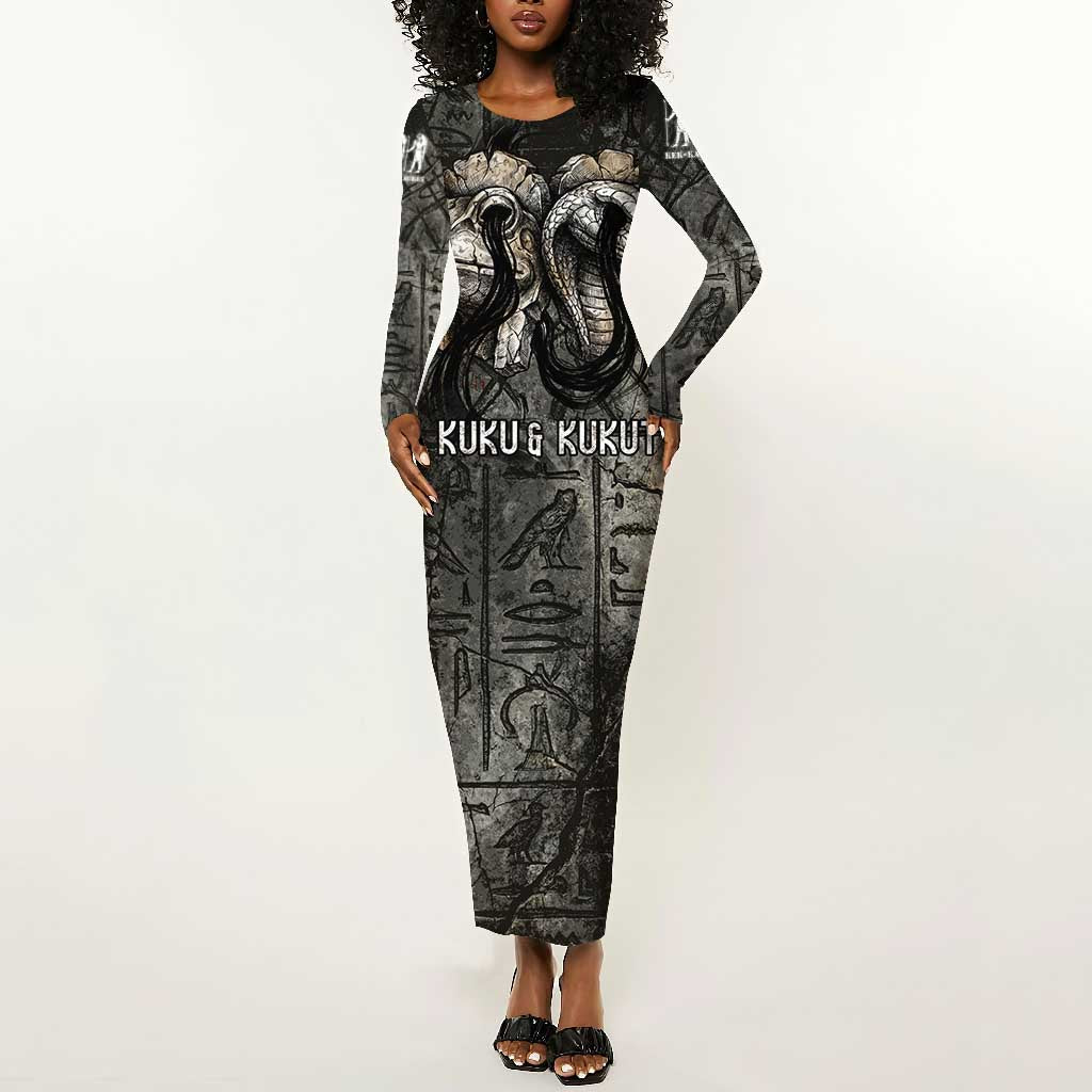 Egypt Kek and Kauket Long Sleeve Bodycon Dress Ancient Void Theme with Frog and Serpent Duality
