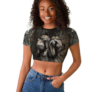 Egypt Kek and Kauket Raglan Cropped T shirt Ancient Void Theme with Frog and Serpent Duality