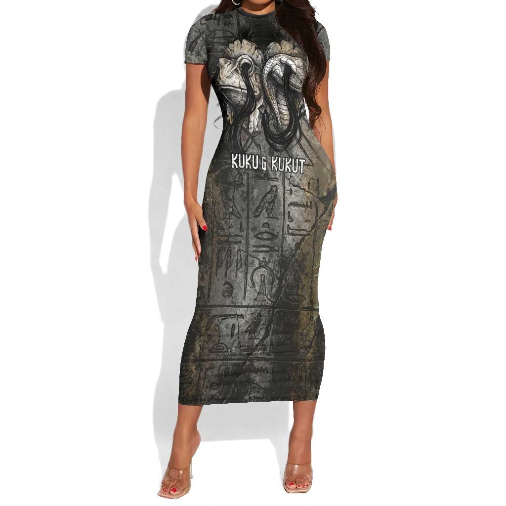 Egypt Kek and Kauket Short Sleeve Bodycon Dress Ancient Void Theme with Frog and Serpent Duality