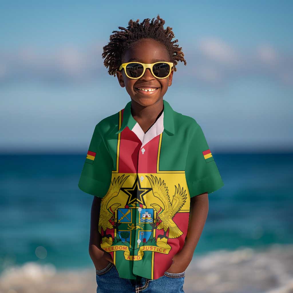 African Ghana Kid Hawaiian Shirt Flag with Coat of Arms Simple Design