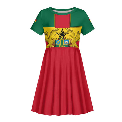 African Ghana Kid Short Sleeve Dress Flag with Coat of Arms Simple Design