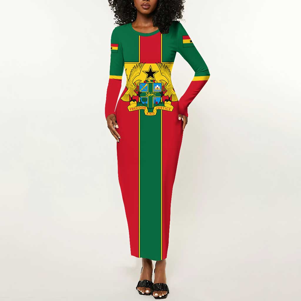 African Ghana Long Sleeve Bodycon Dress Flag with Coat of Arms Simple Design TS04