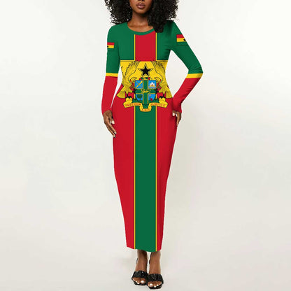 African Ghana Long Sleeve Bodycon Dress Flag with Coat of Arms Simple Design TS04