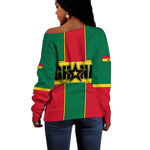 African Ghana Off Shoulder Sweater Flag with Coat of Arms Simple Design