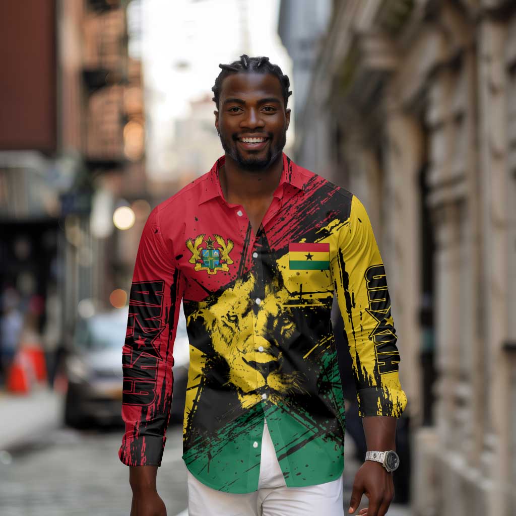 Afro Ghana Lion Long Sleeve Button Shirt Star Grunge Style