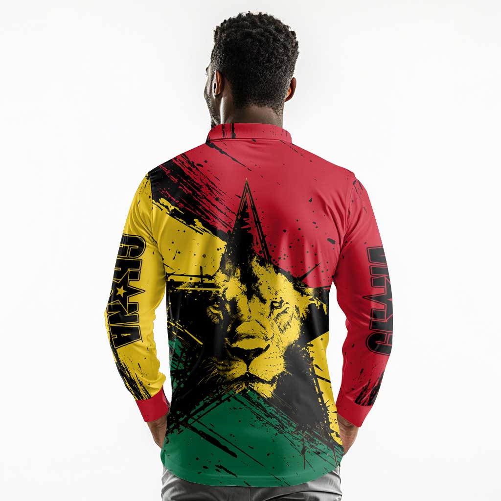 Afro Ghana Lion Long Sleeve Polo Shirt Star Grunge Style