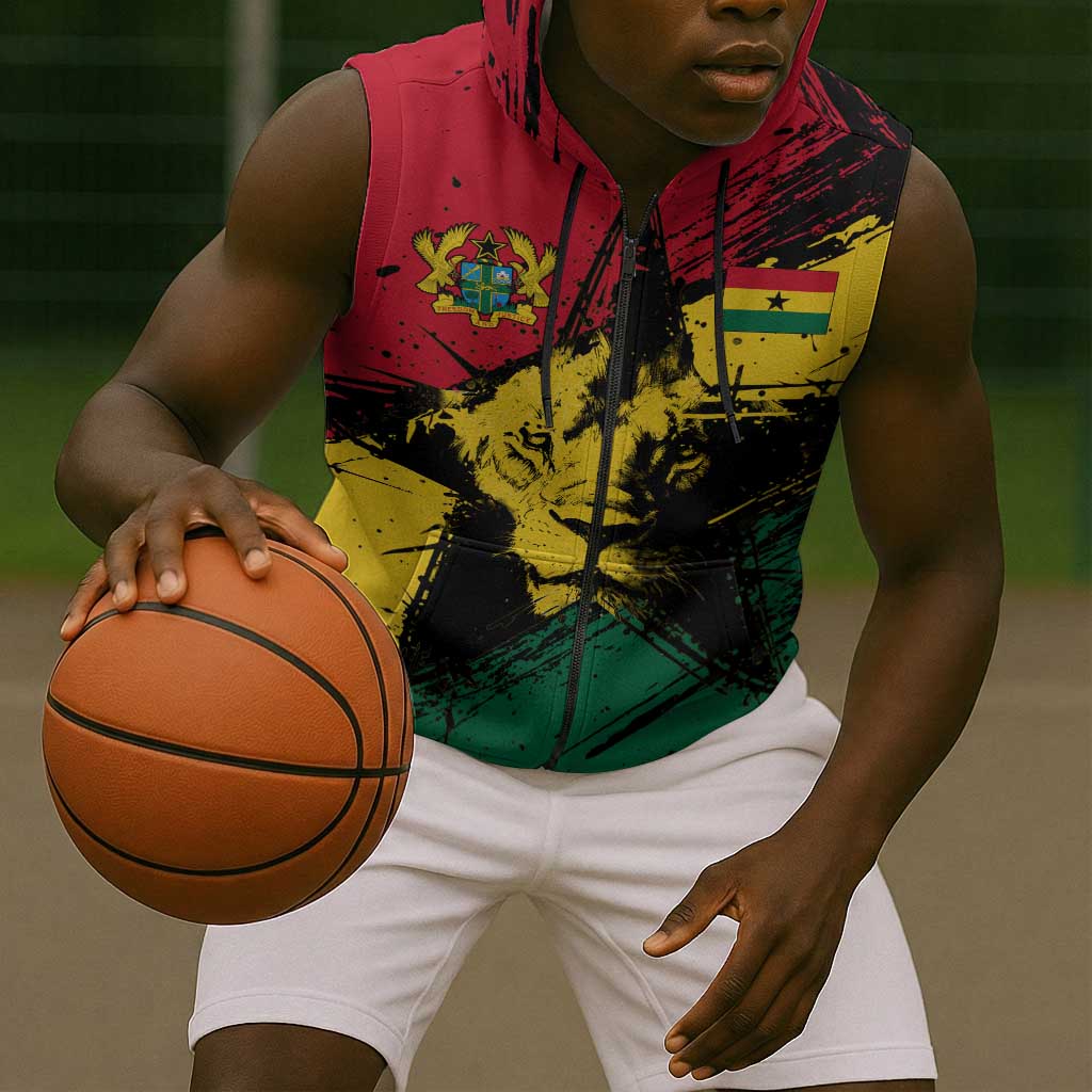 Afro Ghana Lion Sleeveless Zip Hoodie Star Grunge Style - African Pride