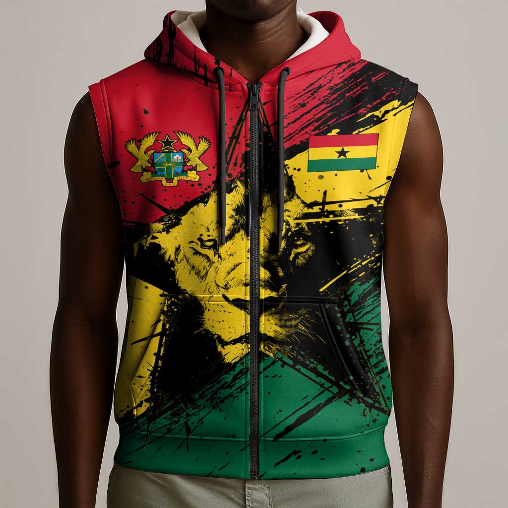 Afro Ghana Lion Sleeveless Zip Hoodie Star Grunge Style - African Pride