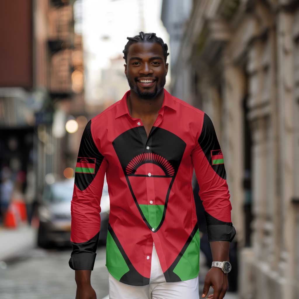 Malawi Long Sleeve Button Shirt Flag Colors Blended with National Emblem