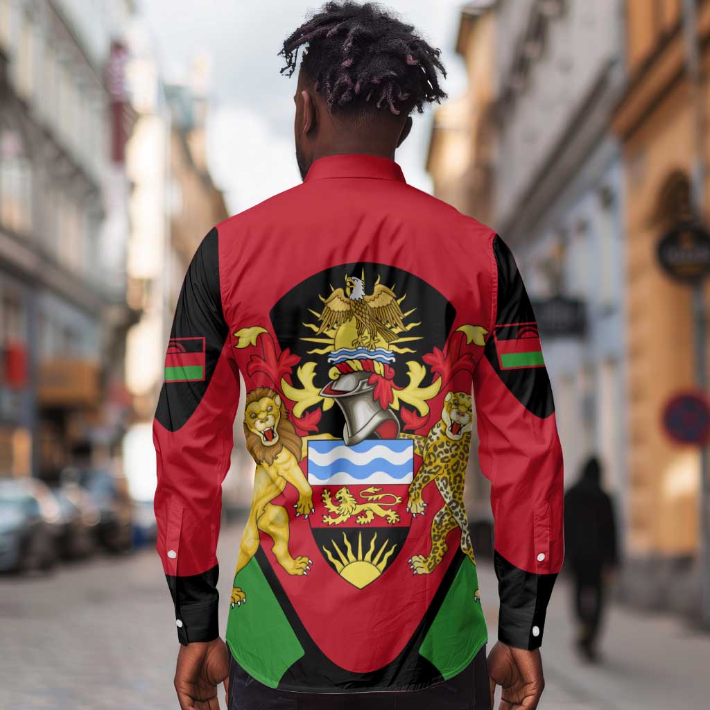 Malawi Long Sleeve Button Shirt Flag Colors Blended with National Emblem