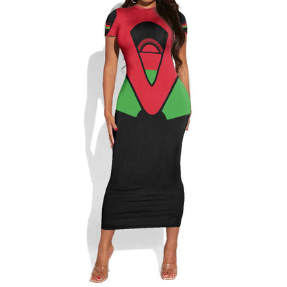 Malawi Short Sleeve Bodycon Dress Flag Colors Blended with National Emblem TS04