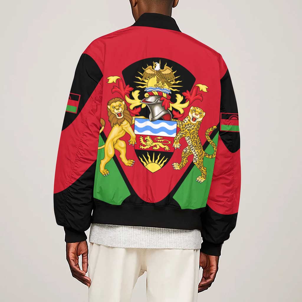 Malawi Sleeve Zip Bomber Jacket Flag Colors Blended with National Emblem