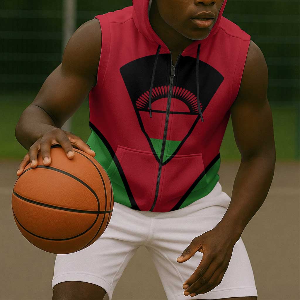 Malawi Sleeveless Zip Hoodie Flag Colors Blended with National Emblem - African Pride