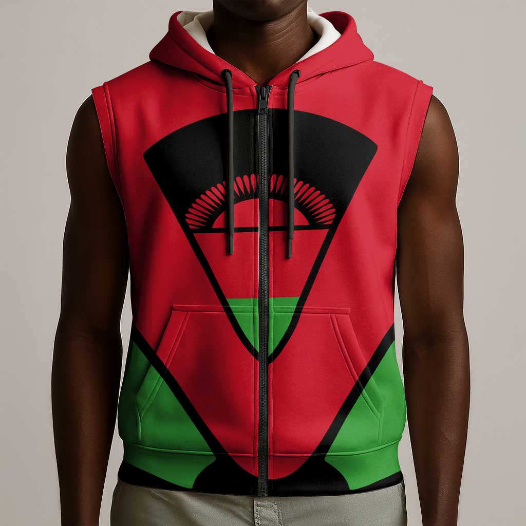 Malawi Sleeveless Zip Hoodie Flag Colors Blended with National Emblem - African Pride