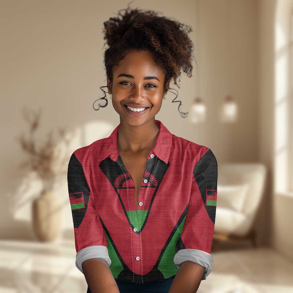 Malawi Women Casual Shirt Flag Colors Blended with National Emblem