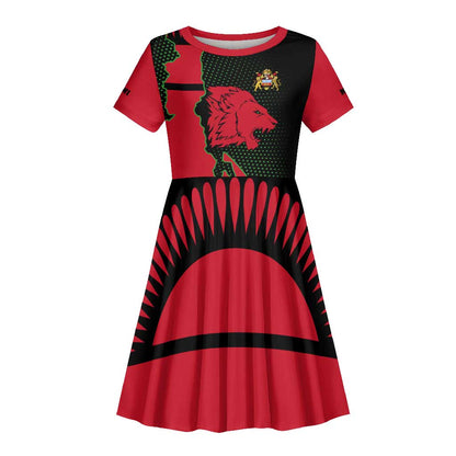Malawi Lion Map Flag Kid Short Sleeve Dress Wildlife Fusion Design