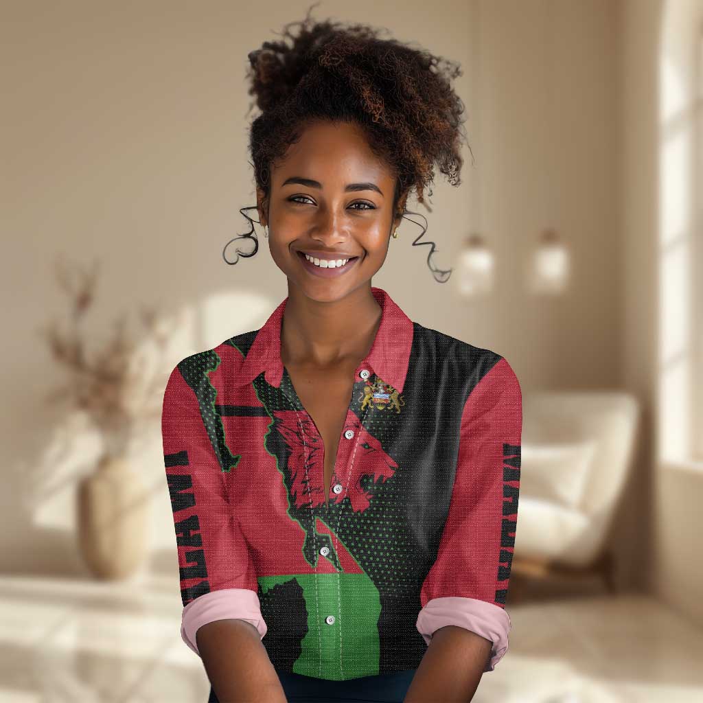 Malawi Lion Map Flag Women Casual Shirt Wildlife Fusion Design