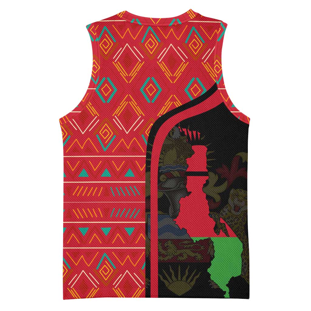 Malawi Patterns African Basketball Jersey Blended with Flag Colors and National Emblem TS04