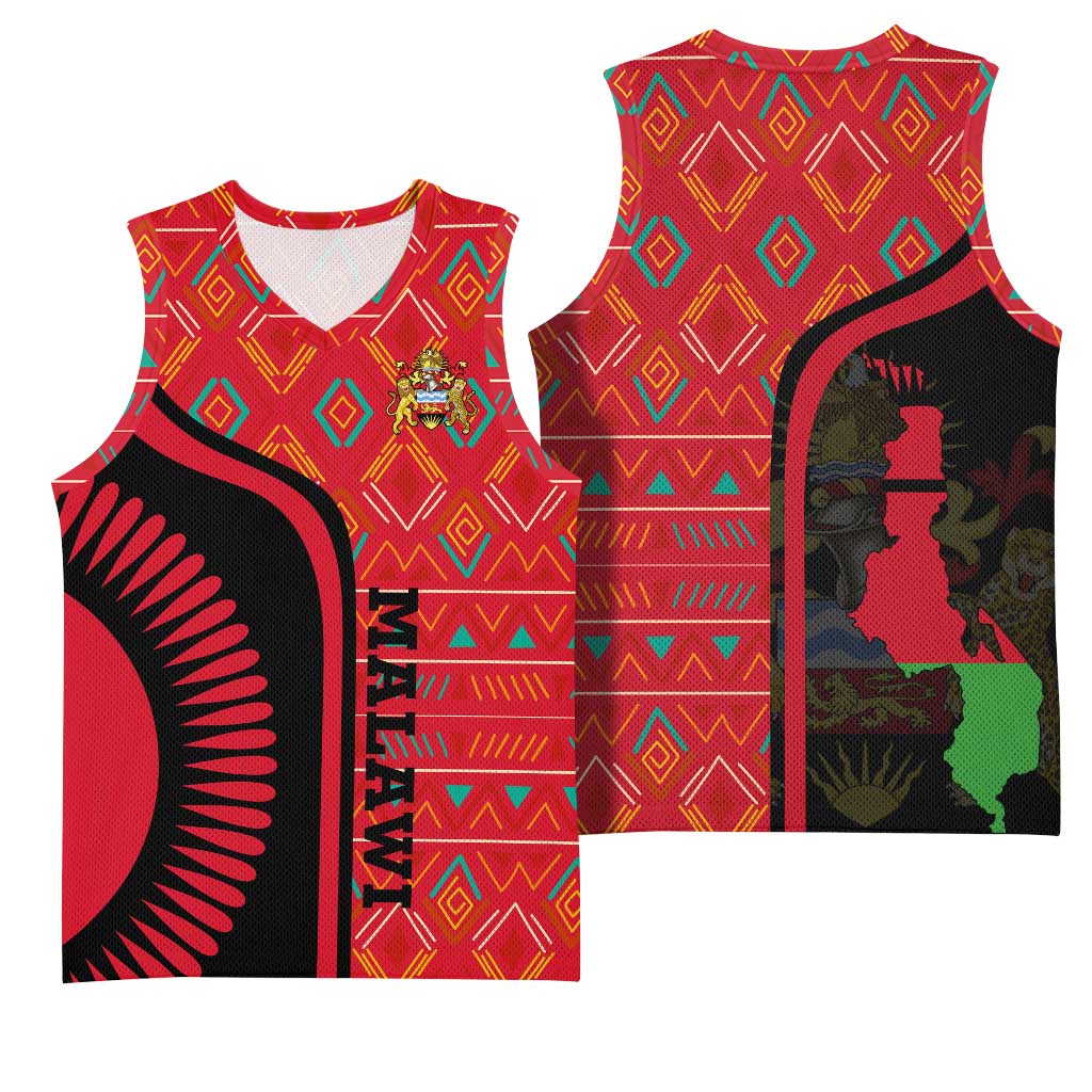 Malawi Patterns African Basketball Jersey Blended with Flag Colors and National Emblem TS04