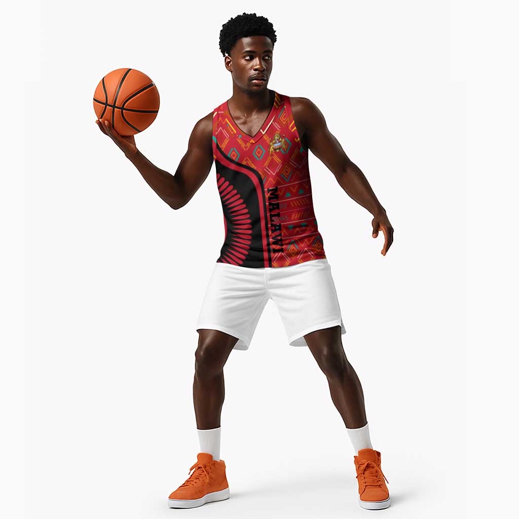 Malawi Patterns African Basketball Jersey Blended with Flag Colors and National Emblem TS04