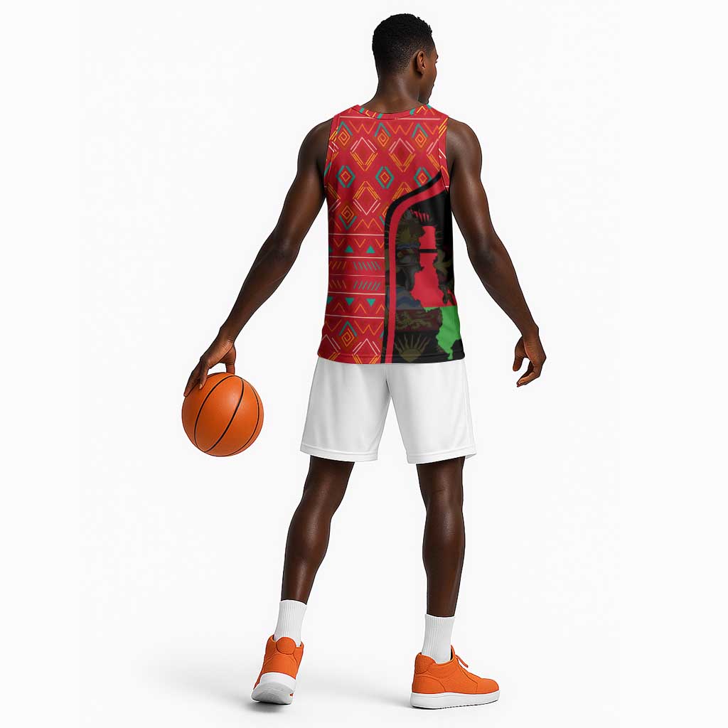 Malawi Patterns African Basketball Jersey Blended with Flag Colors and National Emblem TS04