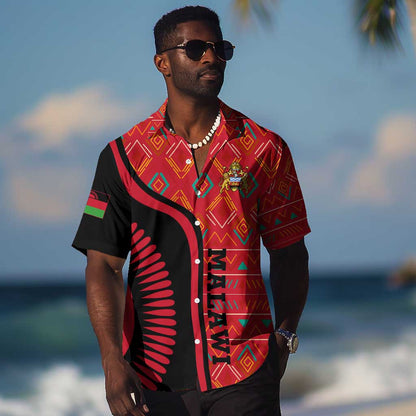 Malawi Patterns African Hawaiian Shirt Blended with Flag Colors and National Emblem