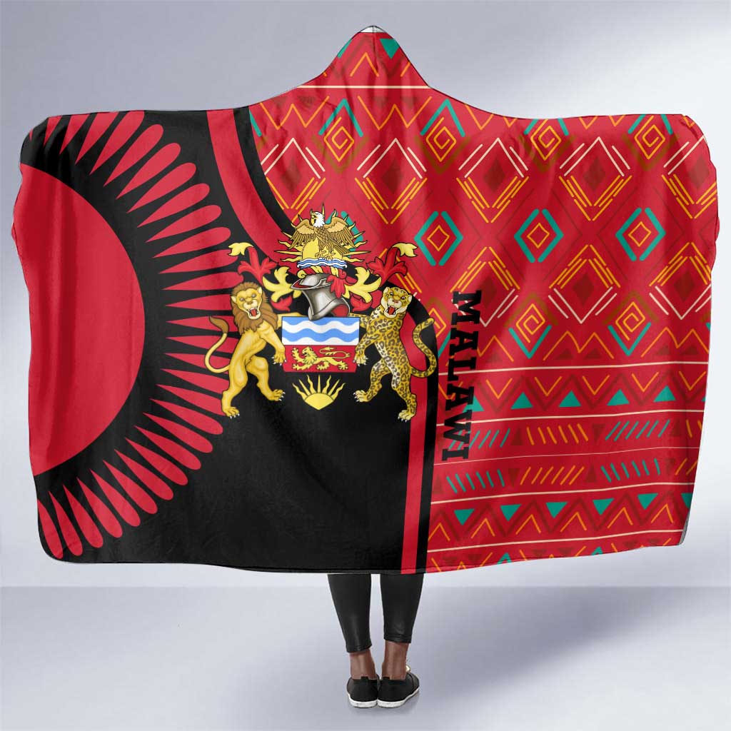 Malawi Patterns African Hooded Blanket Blended with Flag Colors and National Emblem