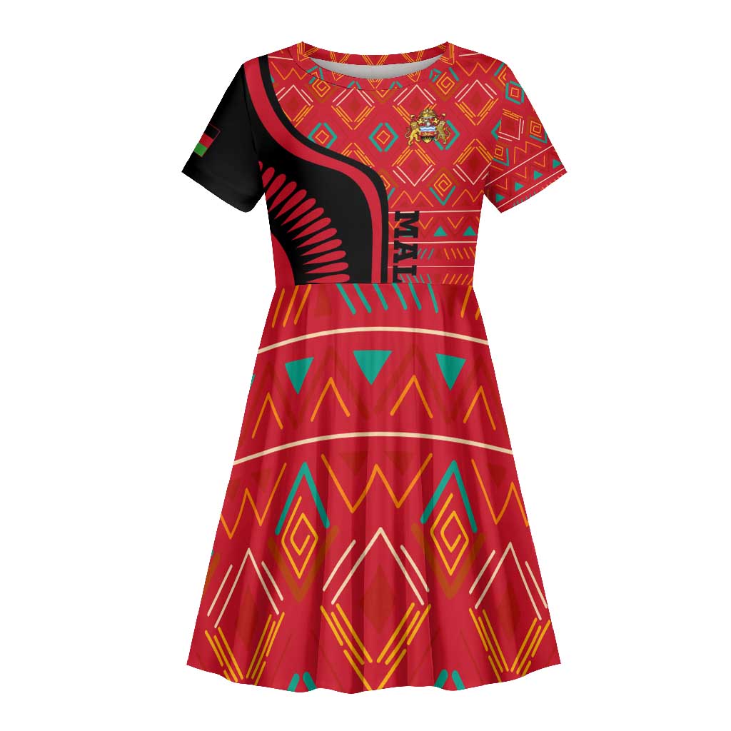 Malawi Patterns African Kid Short Sleeve Dress Blended with Flag Colors and National Emblem