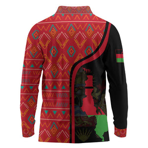 Malawi Patterns African Long Sleeve Polo Shirt Blended with Flag Colors and National Emblem