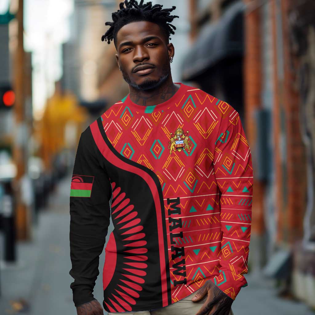 Malawi Patterns African Long Sleeve Shirt Blended with Flag Colors and National Emblem