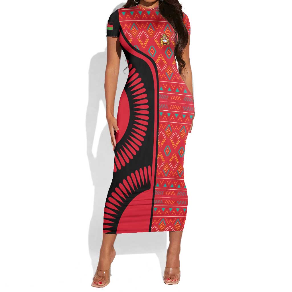 Malawi Patterns African Short Sleeve Bodycon Dress Blended with Flag Colors and National Emblem TS04