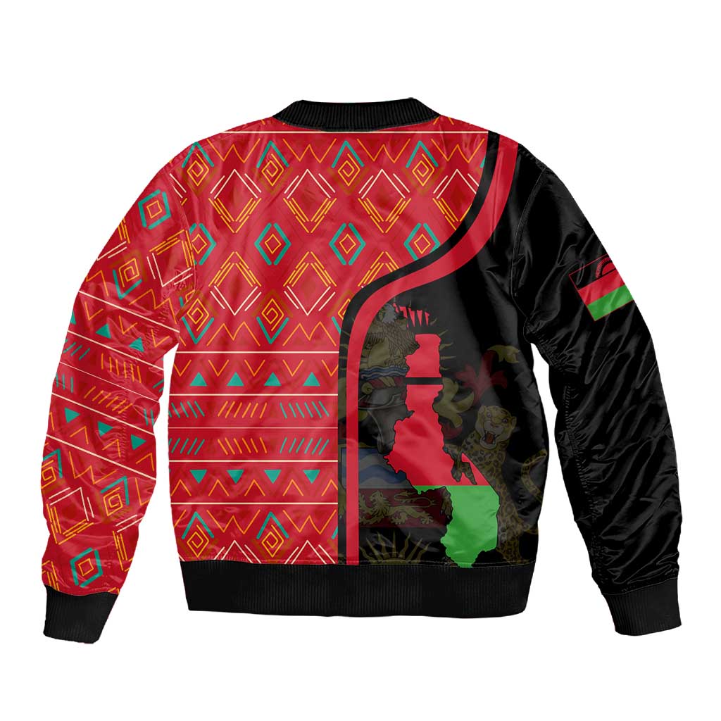 Malawi Patterns African Sleeve Zip Bomber Jacket Blended with Flag Colors and National Emblem