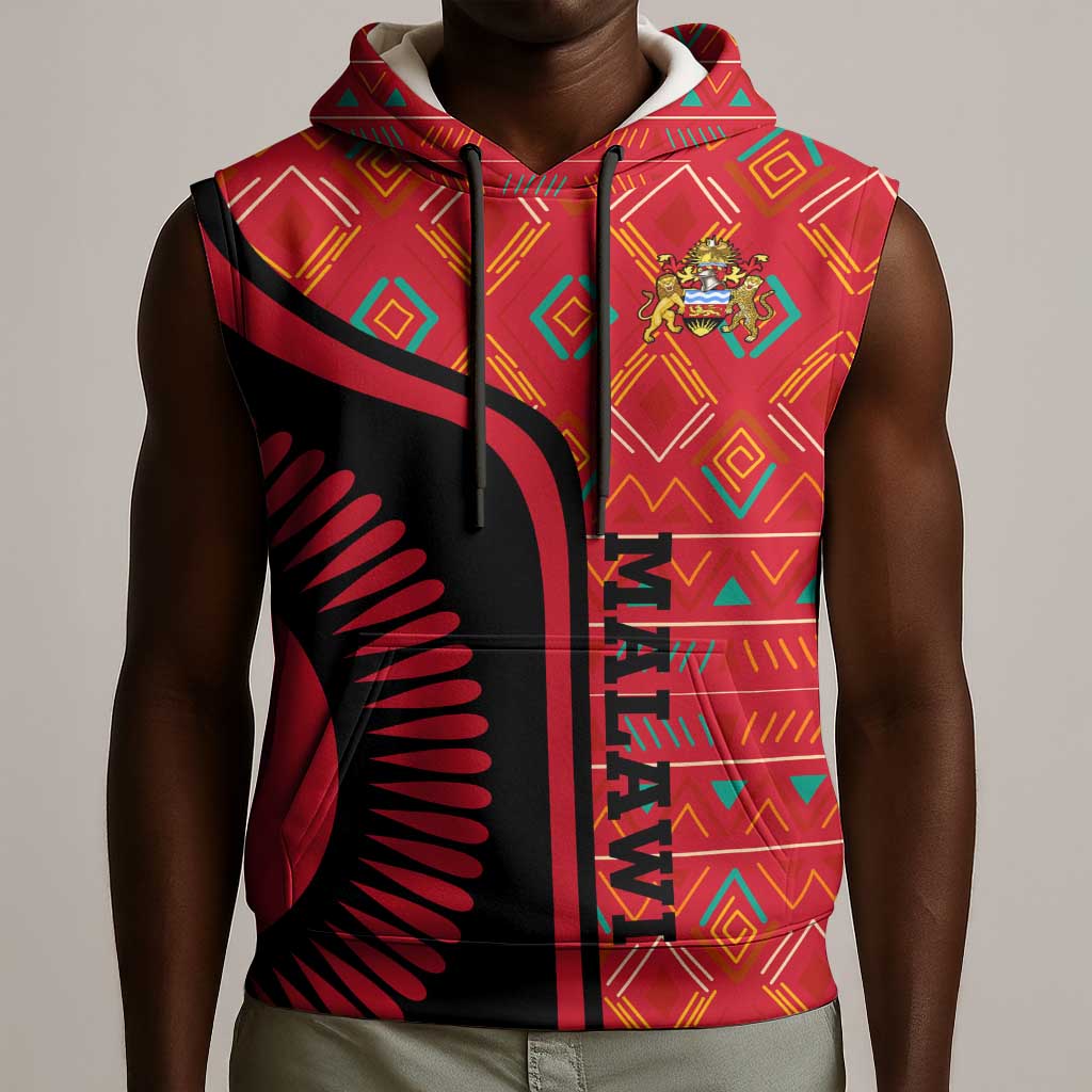 Malawi Patterns African Sleeveless Hoodie Blended with Flag Colors and National Emblem - African Pride