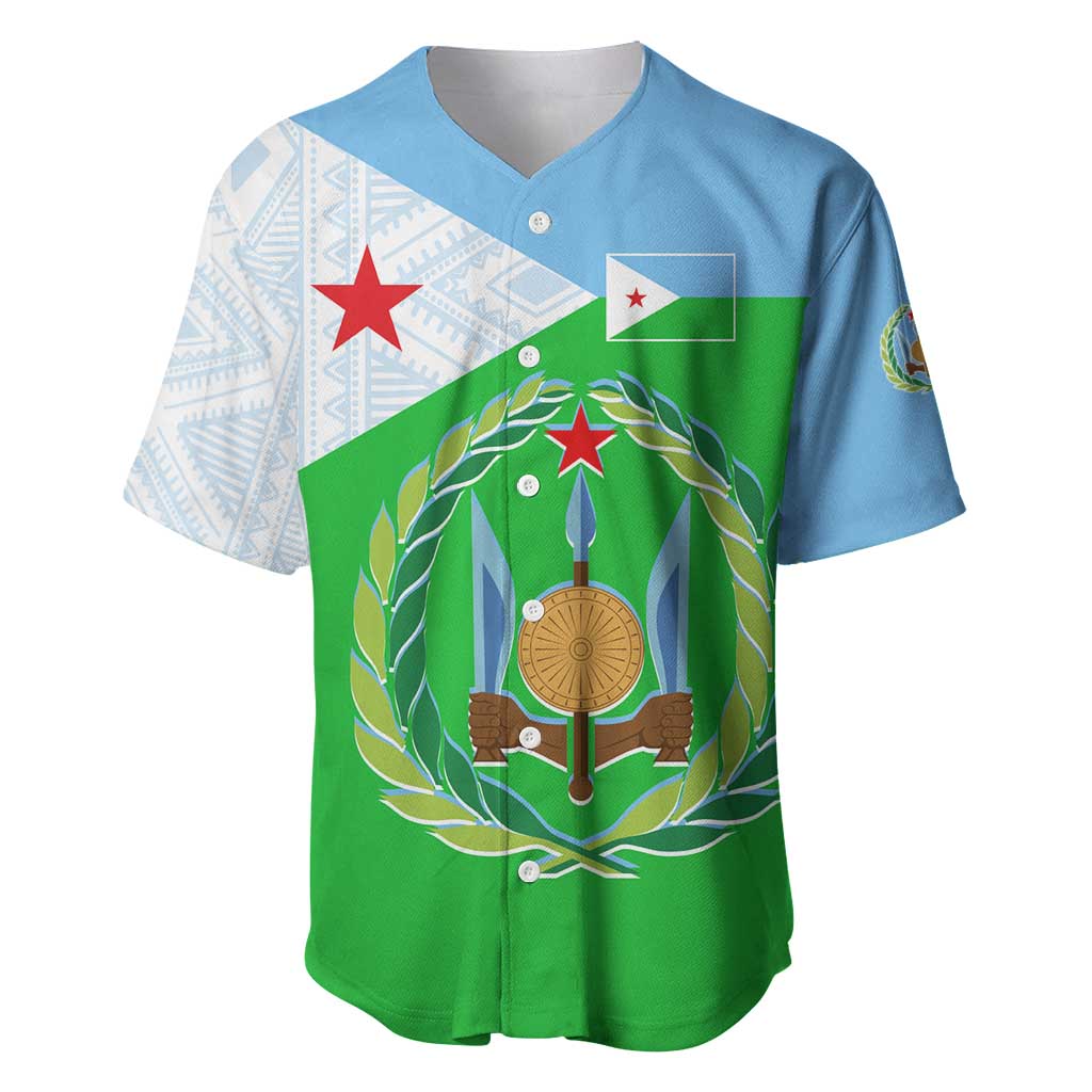 Djibouti Baseball Jersey Flag Tribal Motifs and Red Star Symbol of Unity
