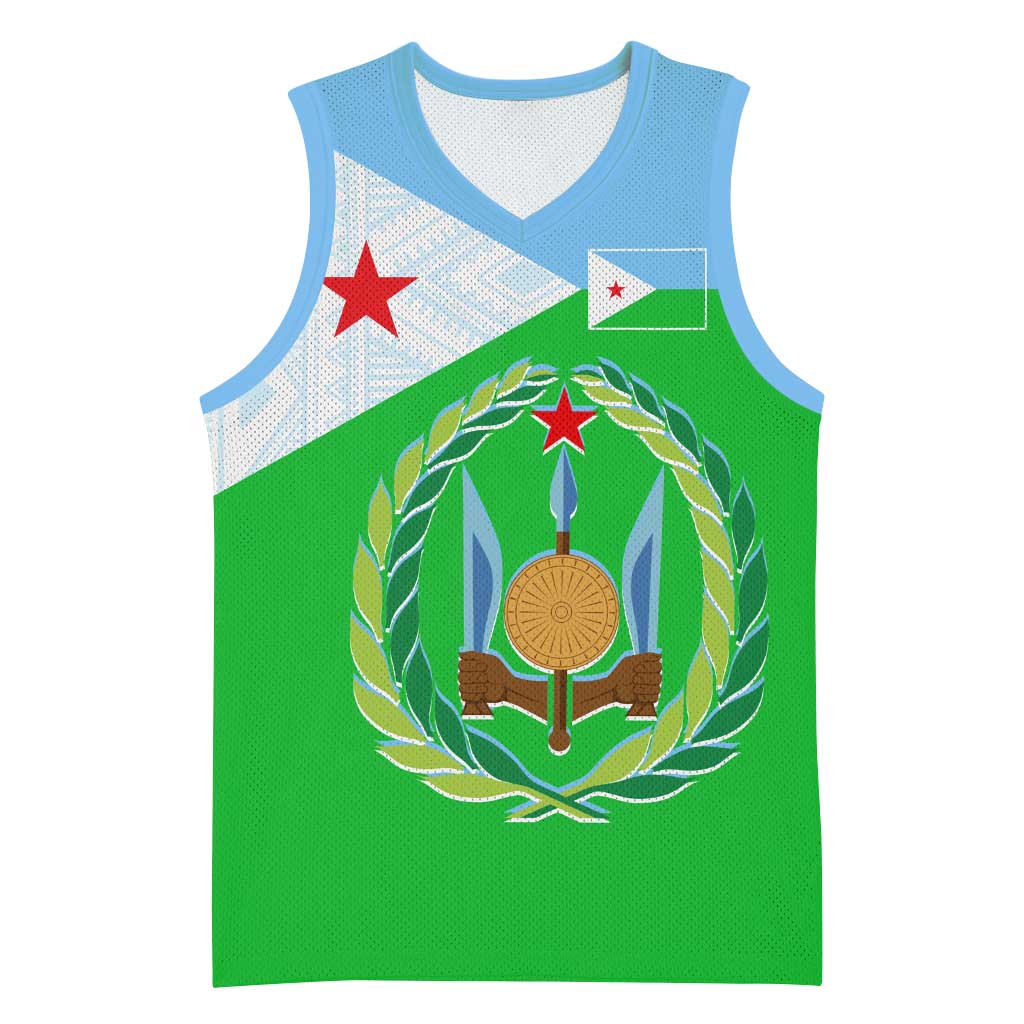 Djibouti Basketball Jersey Flag Tribal Motifs and Red Star Symbol of Unity TS04