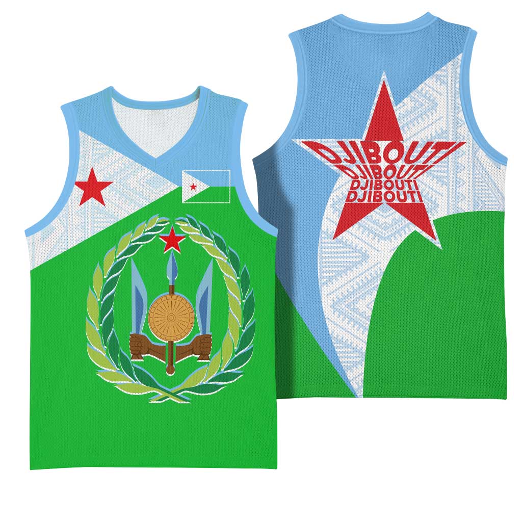Djibouti Basketball Jersey Flag Tribal Motifs and Red Star Symbol of Unity TS04