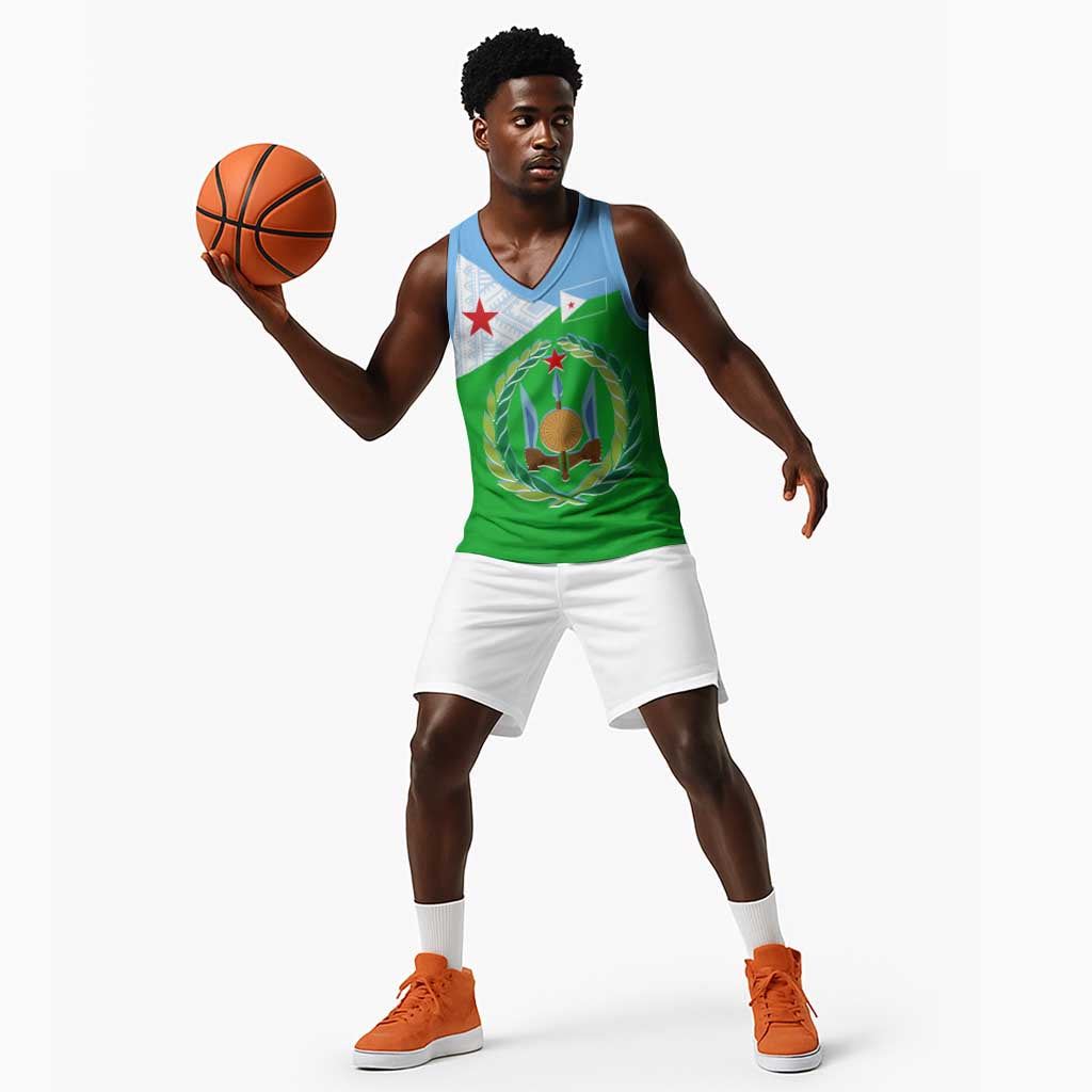Djibouti Basketball Jersey Flag Tribal Motifs and Red Star Symbol of Unity TS04
