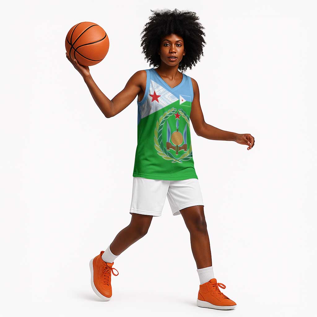 Djibouti Basketball Jersey Flag Tribal Motifs and Red Star Symbol of Unity TS04