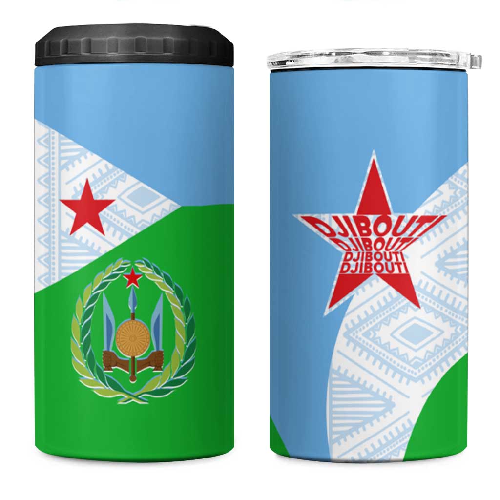 Djibouti 4 in 1 Can Cooler Tumbler Flag Tribal Motifs and Red Star Symbol of Unity