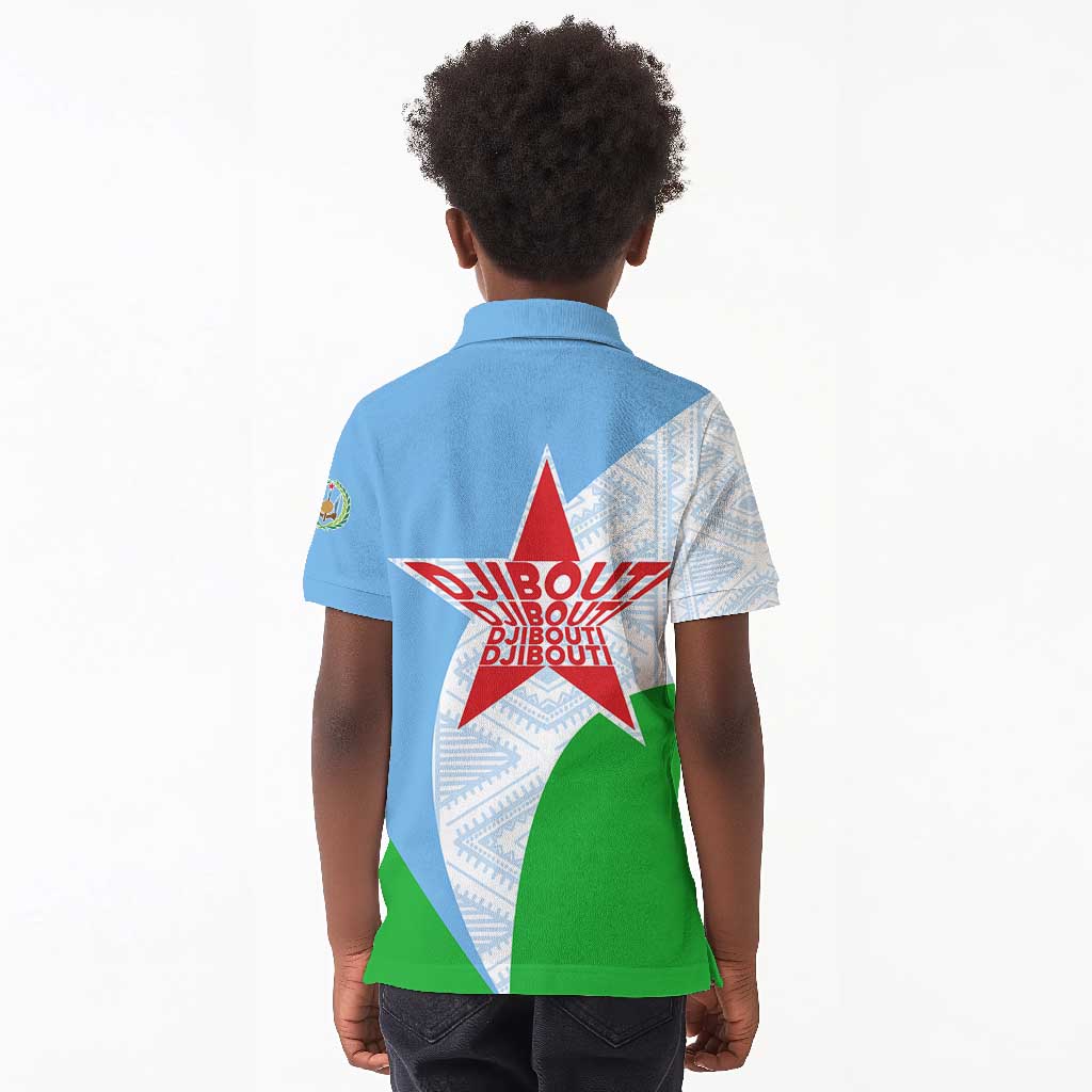 Djibouti Kid Polo Shirt Flag Tribal Motifs and Red Star Symbol of Unity