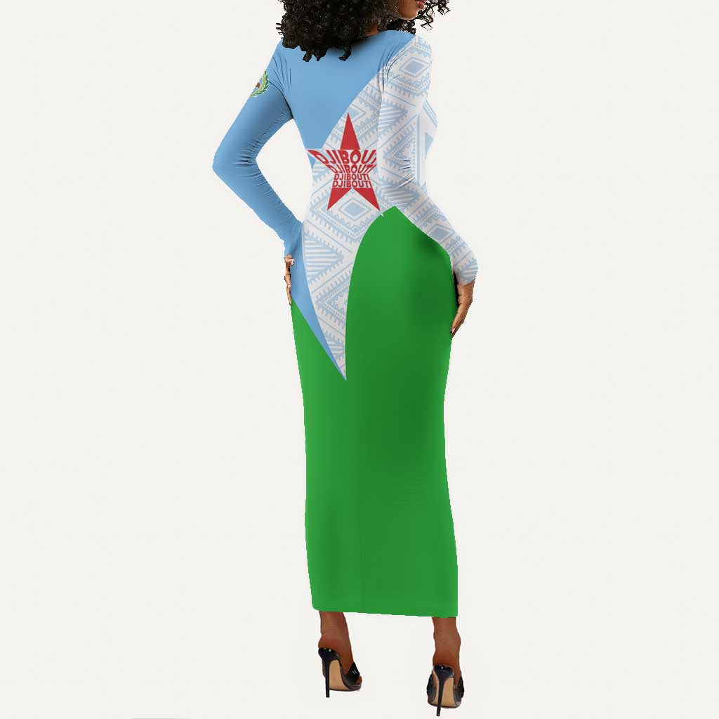 Djibouti Long Sleeve Bodycon Dress Flag Tribal Motifs and Red Star Symbol of Unity TS04