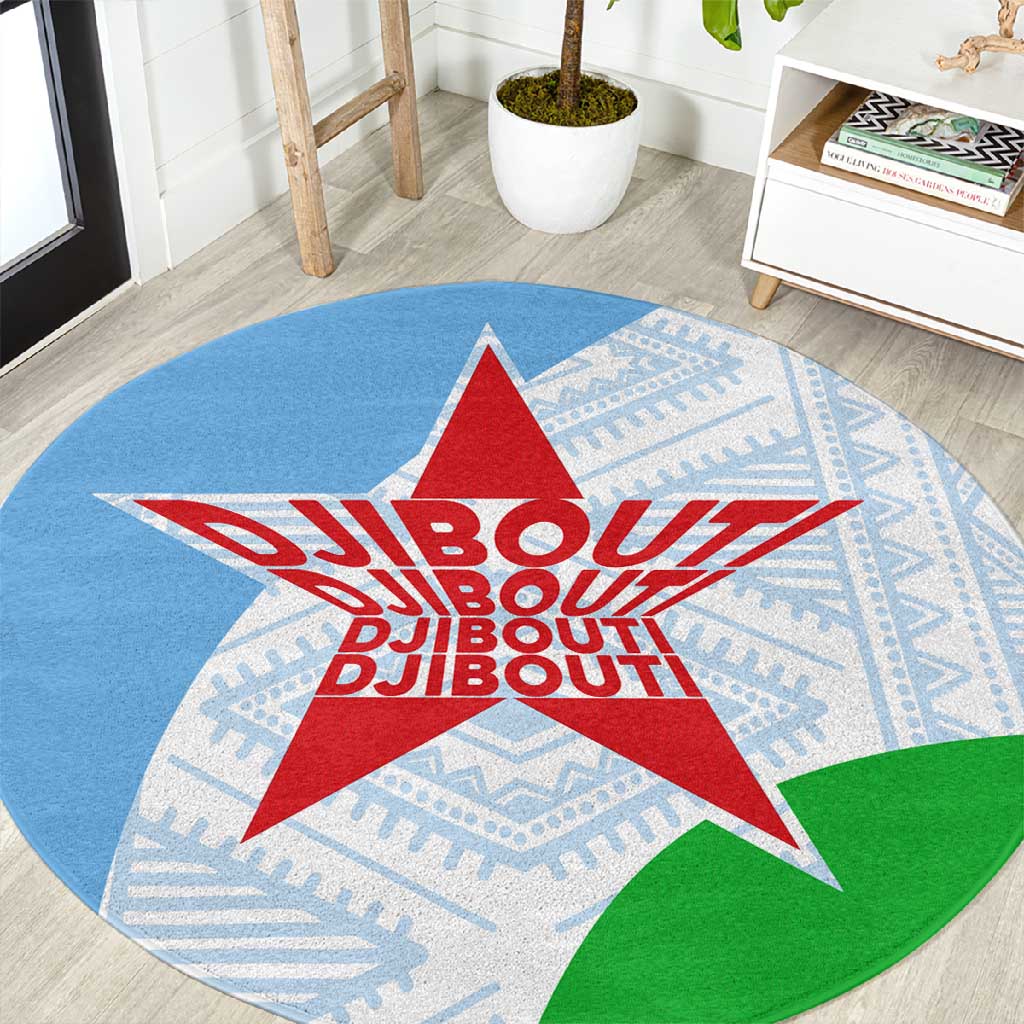 Djibouti Round Carpet Flag Tribal Motifs and Red Star Symbol of Unity
