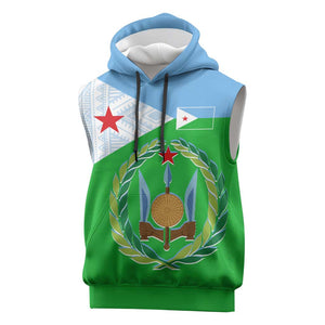 Djibouti Sleeveless Hoodie Flag Tribal Motifs and Red Star Symbol of Unity - African Pride