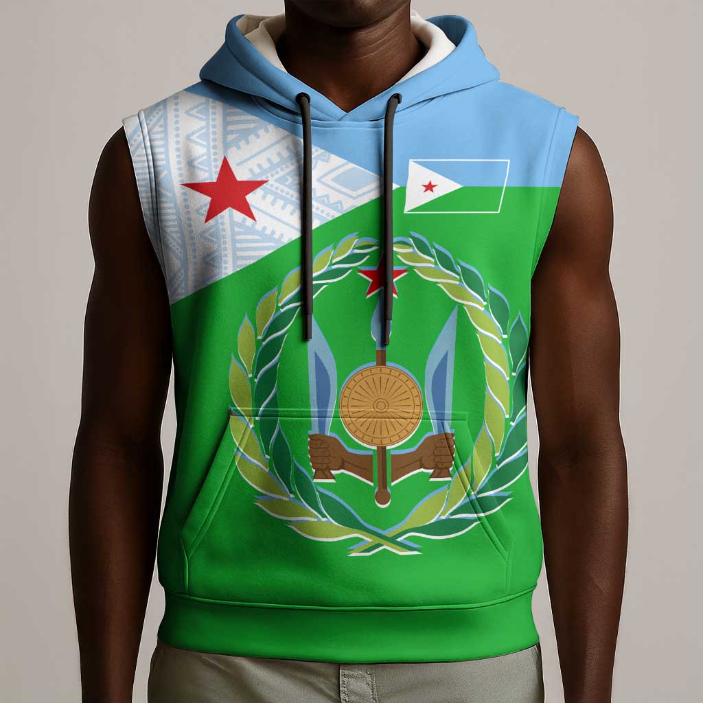 Djibouti Sleeveless Hoodie Flag Tribal Motifs and Red Star Symbol of Unity - African Pride